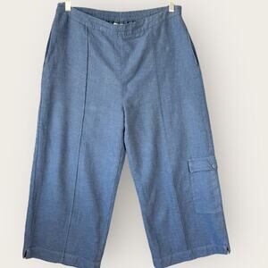 Coldwater Creek Vintage Linen Blend Cargo Crop Wide Leg Pants Pullon Size L Blue